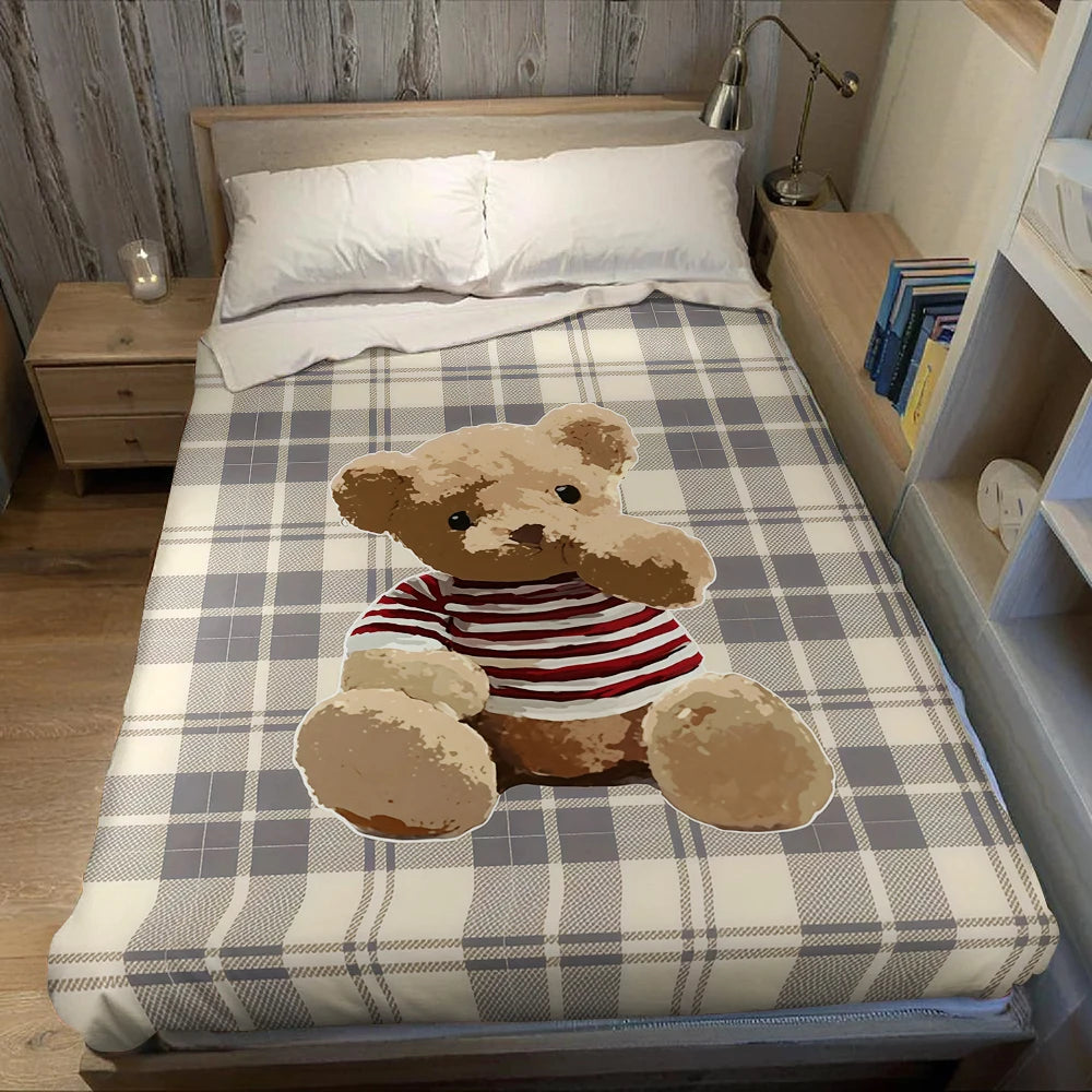 Plaid flanelle à carreaux motif ours en peluche