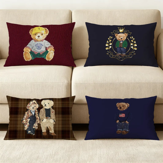 Housse de coussin ours vintage style collégial