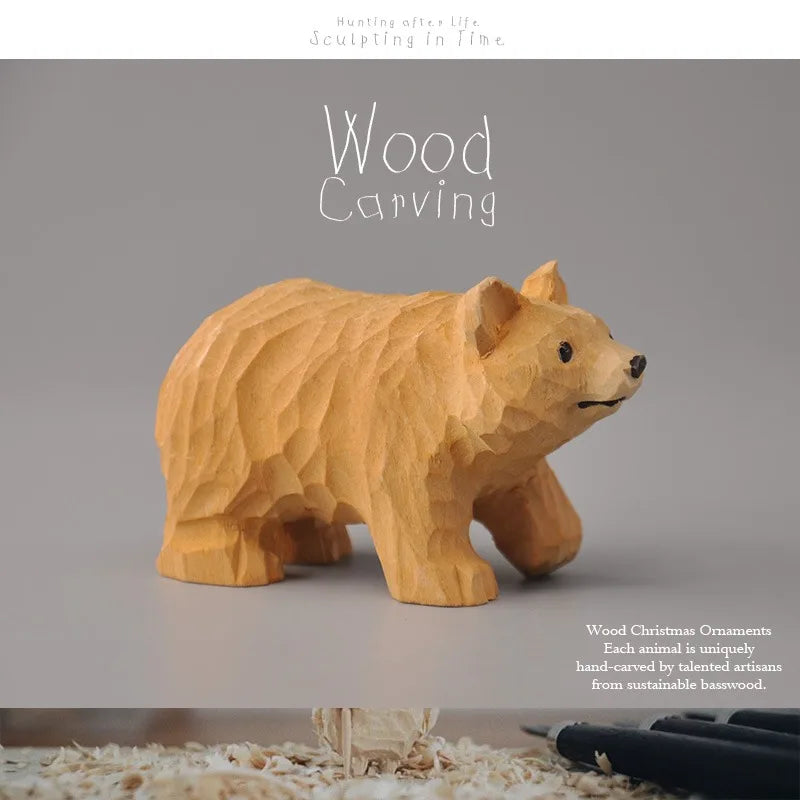 Figurine ours brun en bois sculpté artisanal