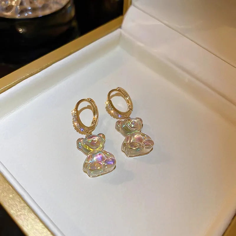 Boucles d'oreilles ourson en résine irisée, anneaux dorés