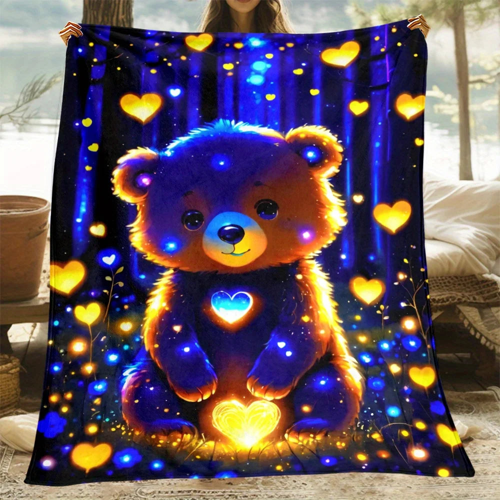 Plaid polaire ours cœurs lumineux nuit étoilée
