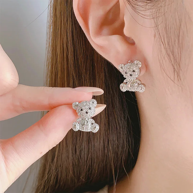 Boucles d'oreilles ourson en argent 925, cristaux étincelants