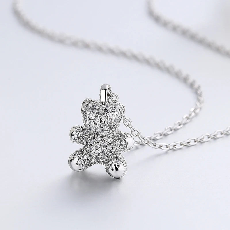Collier pendentif ours en argent 925, orné de cristaux étincelants