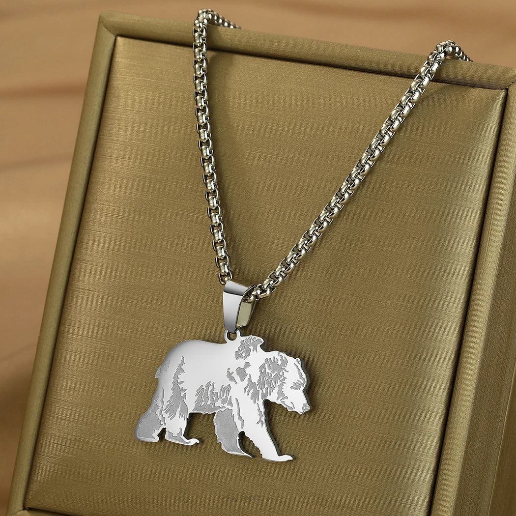 Collier pendentif ours silhouette, acier inoxydable doré