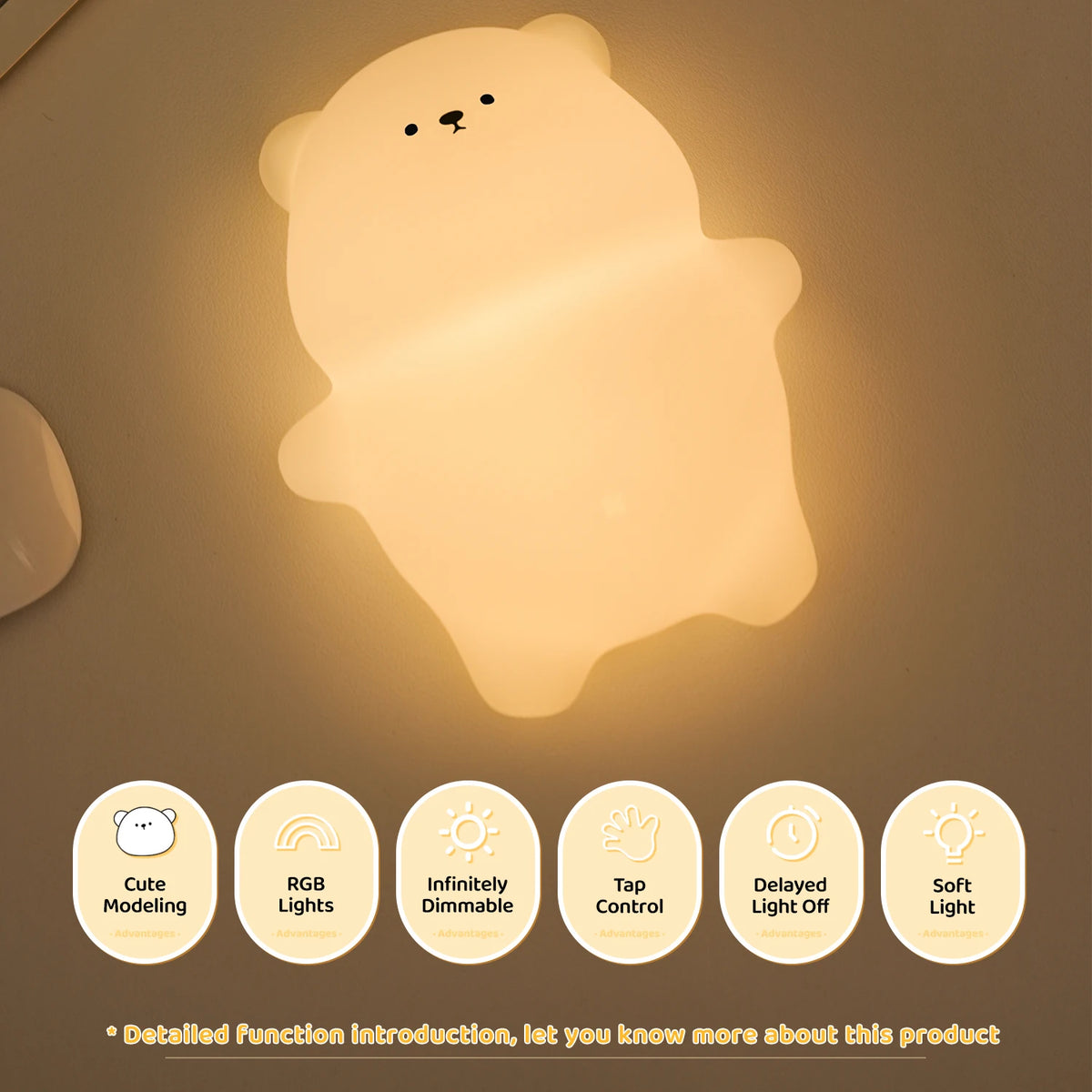 Lampe veilleuse ours plat en silicone, lumière douce rechargeable