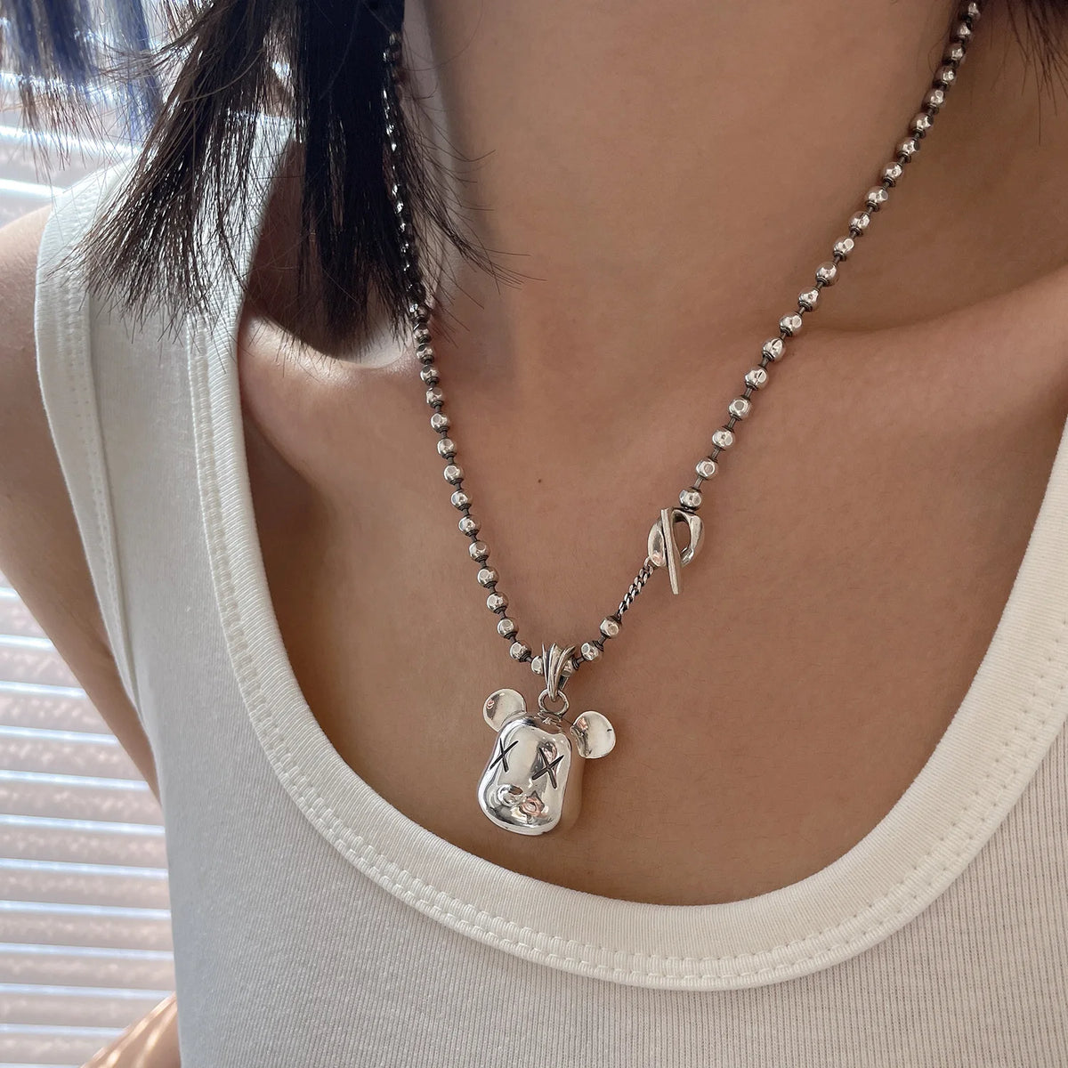 Collier tête d'ours carré, plaqué argent