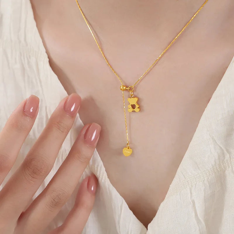 Collier ourson pendentif cœur, acier inoxydable plaqué or