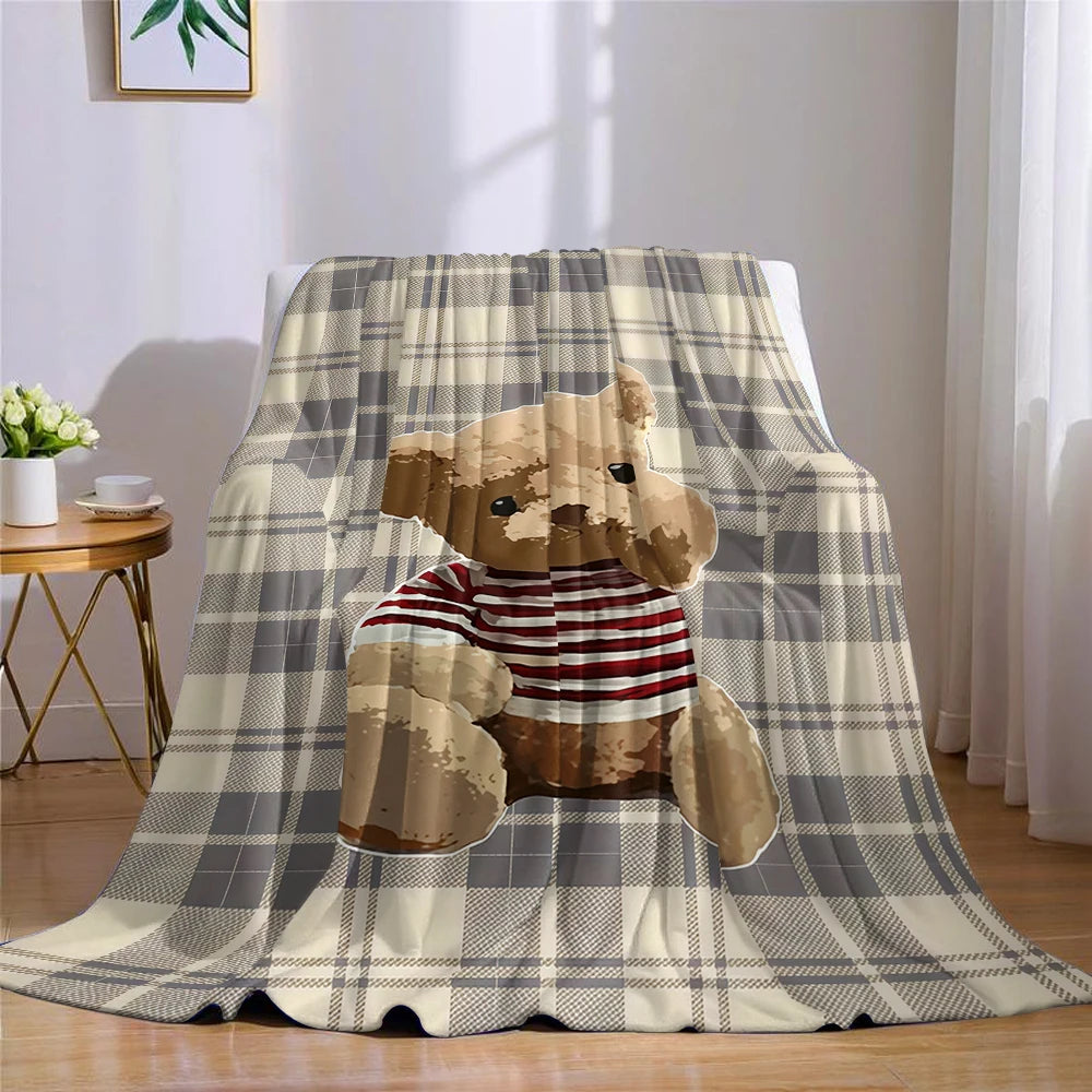 Plaid flanelle à carreaux motif ours en peluche