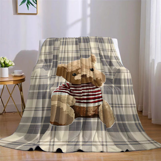 Plaid flanelle à carreaux motif ours en peluche