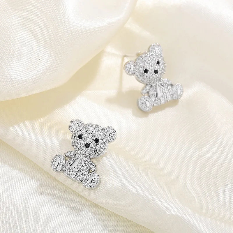 Boucles d'oreilles ourson en argent 925, cristaux étincelants