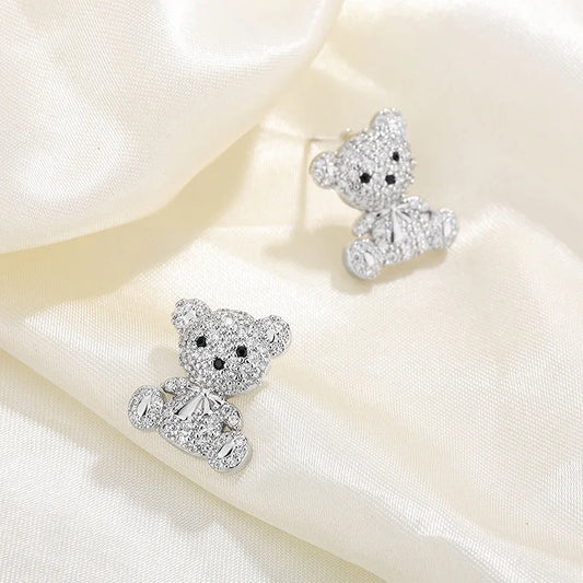 Boucles d'oreilles ourson en argent 925, cristaux étincelants