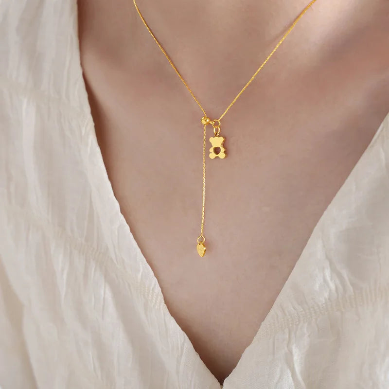 Collier ourson pendentif cœur, acier inoxydable plaqué or