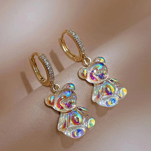 Boucles d'oreilles ourson en résine irisée, anneaux dorés