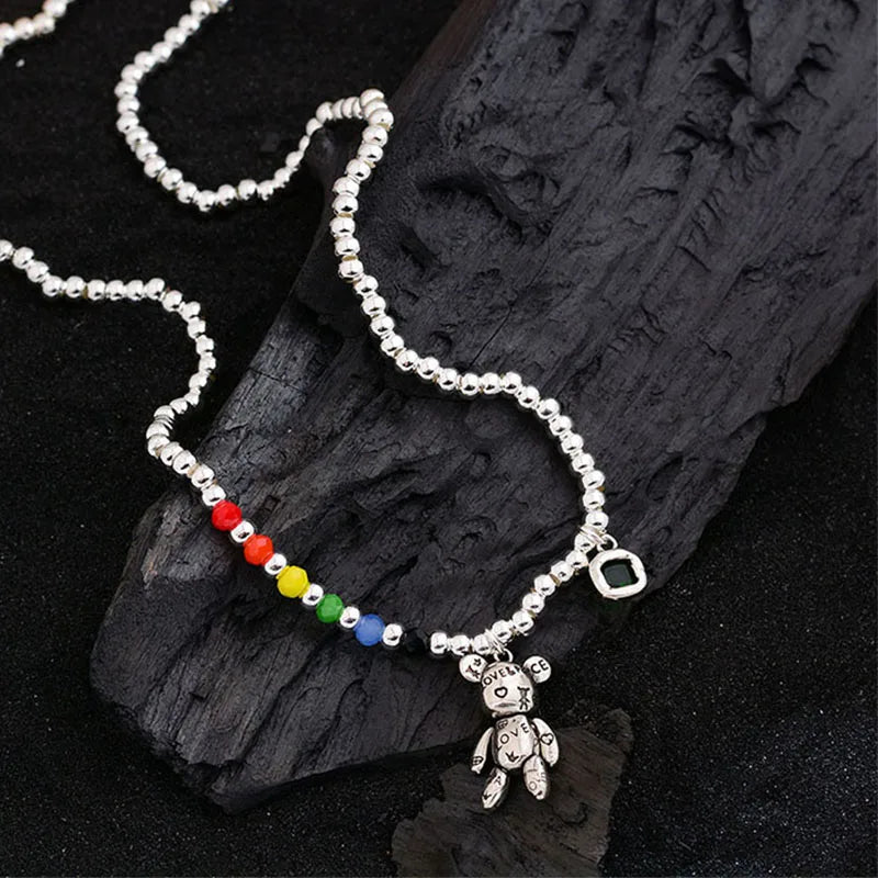 Collier ourson perles arc-en-ciel en argent