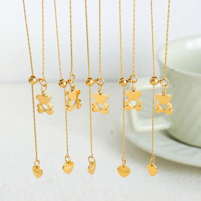 Collier ourson pendentif cœur, acier inoxydable plaqué or