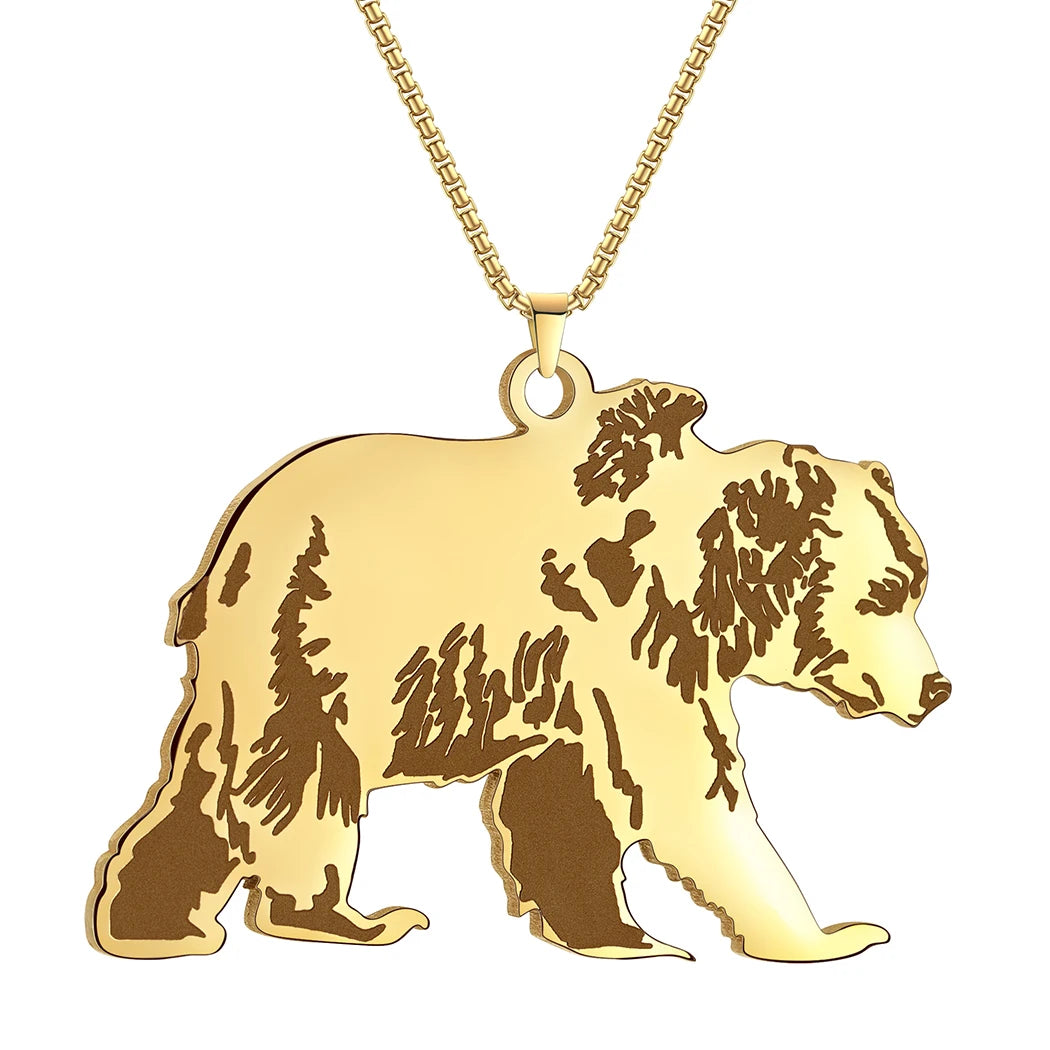 Collier pendentif ours silhouette, acier inoxydable doré