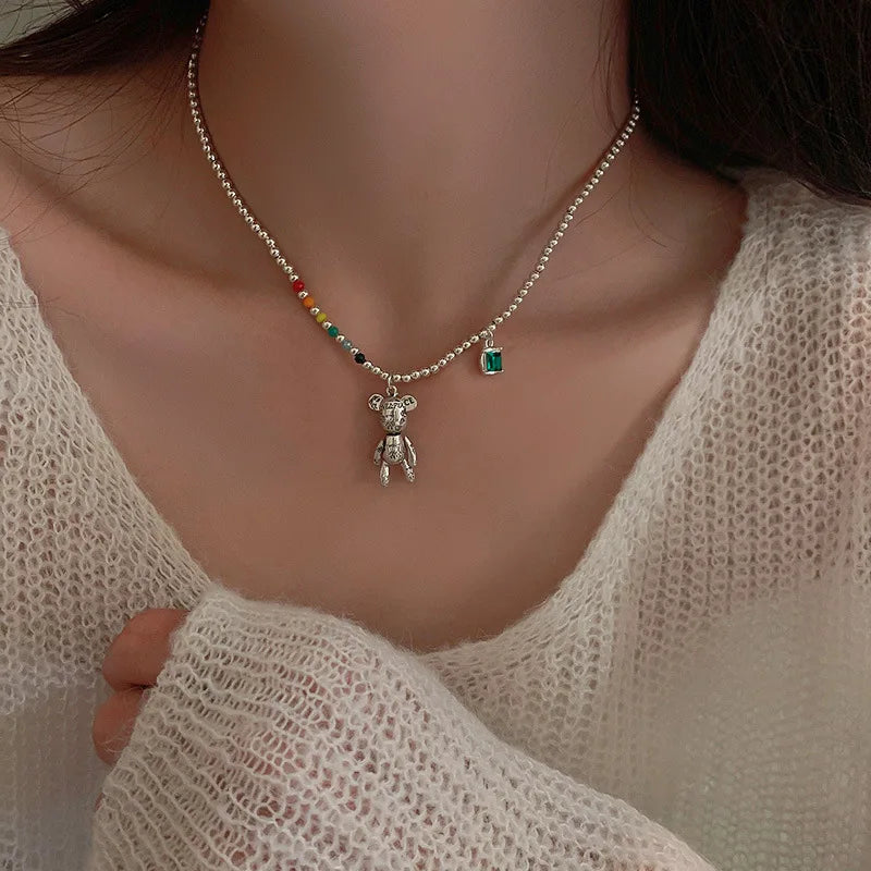 Collier ourson perles arc-en-ciel en argent
