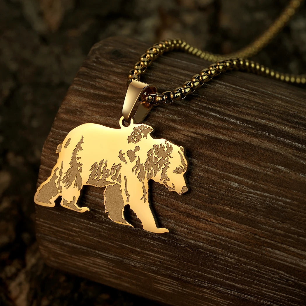 Collier pendentif ours silhouette, acier inoxydable doré