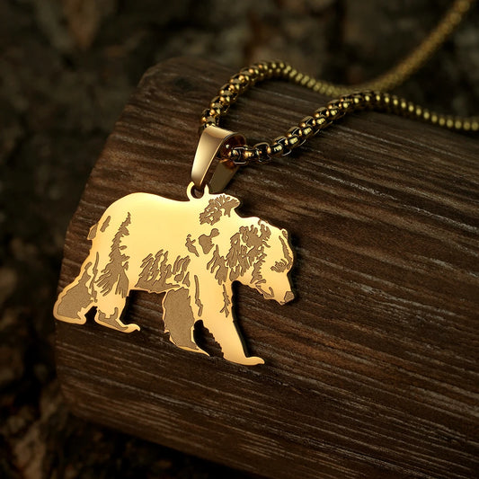 Collier pendentif ours silhouette, acier inoxydable doré