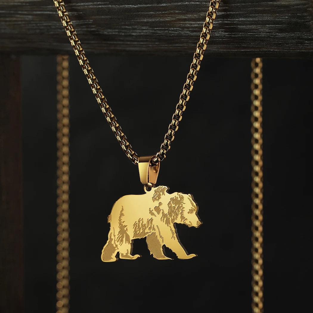 Collier pendentif ours silhouette, acier inoxydable doré